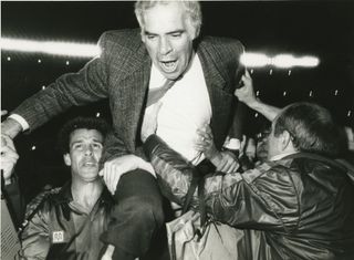 Manager Luis Aragones celebrates after Barcelona's victory over Real Sociedad in the 1988 Copa del Rey final