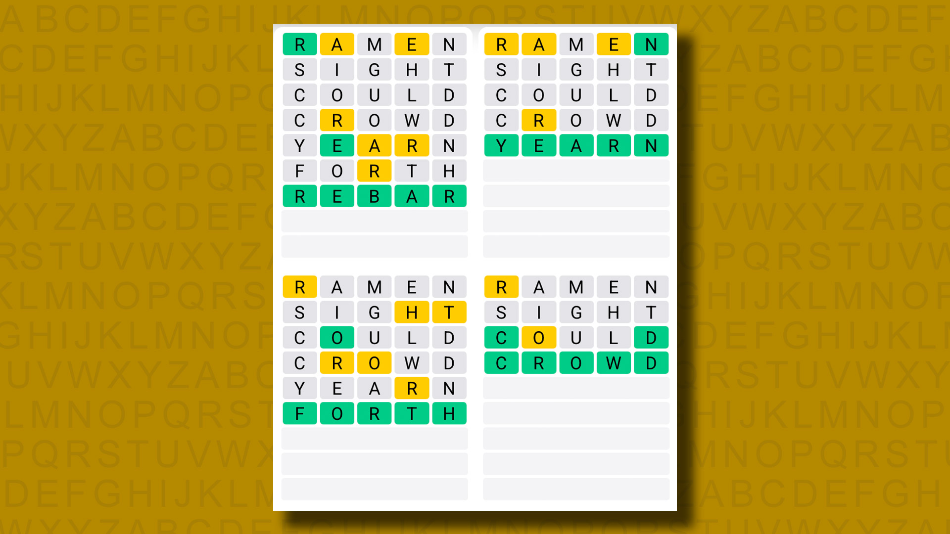 Quordle answers for game 1254 on a yellow background