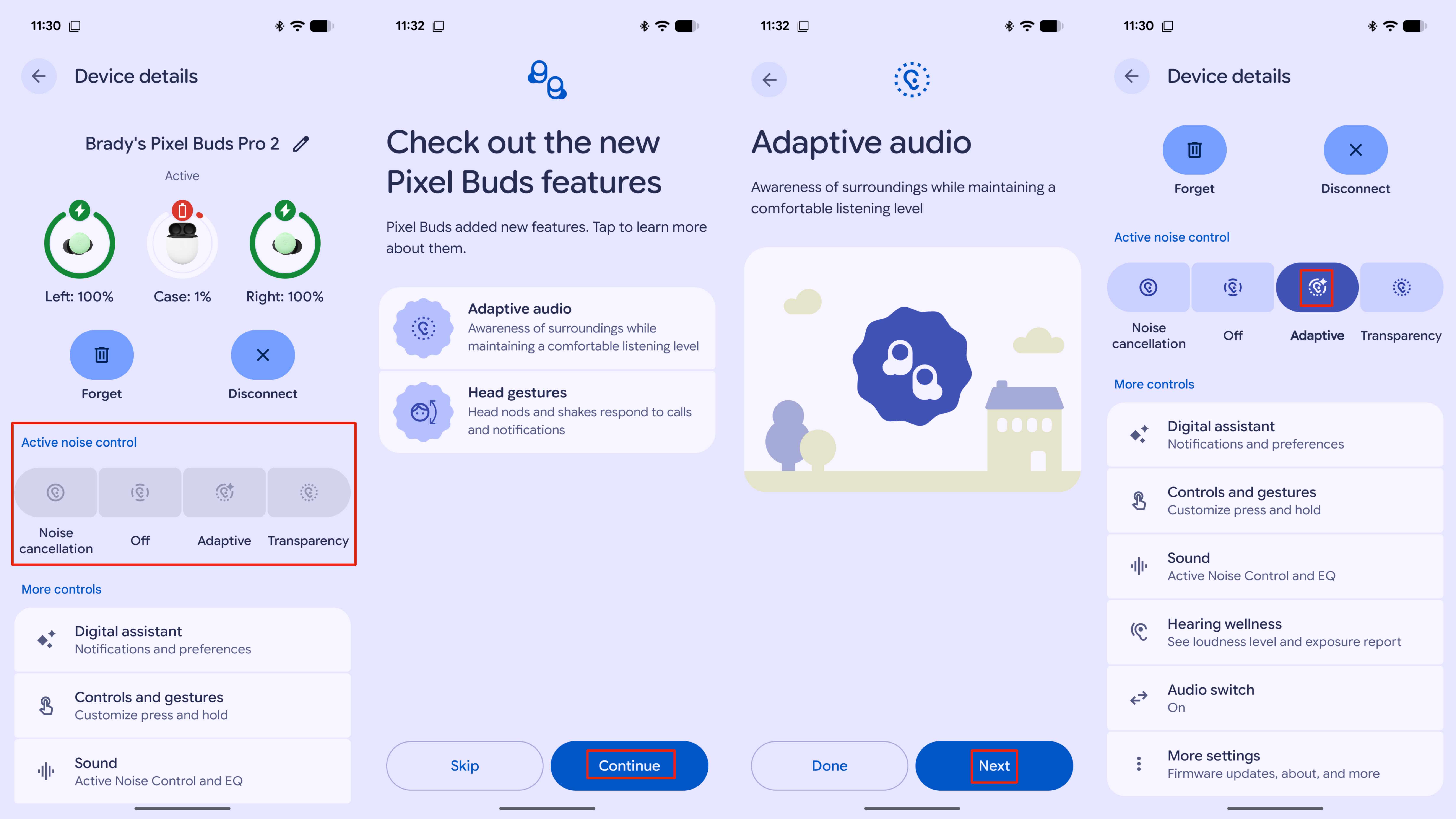 Steps for activating Adaptive Audio and checking hearing wellness on the Pixel Buds Pro 2.