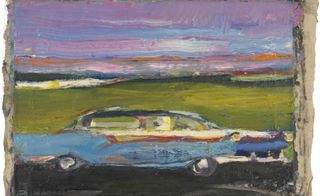 Colourful oil painting of a blue car with green fields and the sky in the background