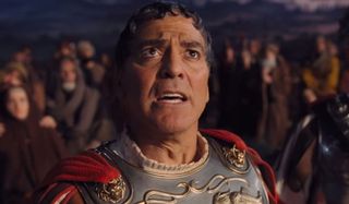 Hail, Caesar! George Clooney in Roman gear, making a speech