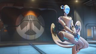 Overwatch robotic character sitting in chair