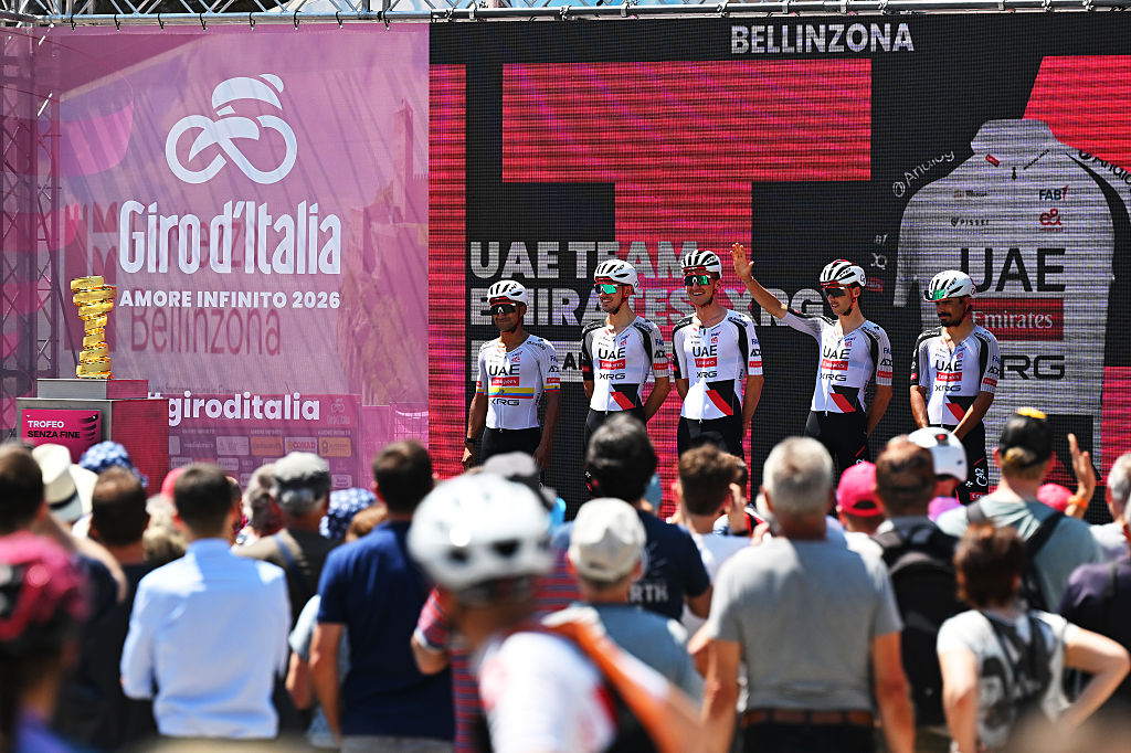 BELLINZONA, SWITZERLAND - MAY 26: Igor Arrieta of Spain, Mikkel Bjerg of Denmark, Jan Christen of Switzerland, Jhonatan Narvaez of Ecuador, Antonio Morgado of Portugal and UAE Team Emirates - XRG prior to the 109th Giro d&amp;amp;apos;Italia 2026, Stage 16 a 113km stage from Bellinzona to Cari 1645m / #UCIWT / on May 26, 2026 in Bellinzona, Switzerland. (Photo by Tim de Waele/Getty Images)