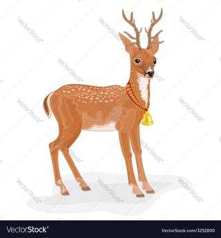 Christmas card template: Realistically illustrated reindeer with a bell on red ribbon around its neck