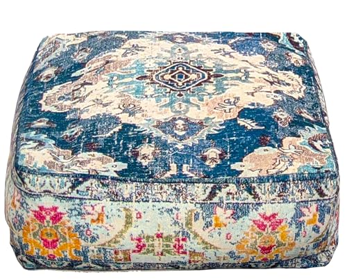 Blue Square Floor Pillow Cover Large Yoga D&amp;eacute;cor Cushion Moroccan Pouf Ottoman Boho Furniture Perfect for Living Room, Bedroom, Nursary or Children Room Seating Area Beanbag Footstool 24x8 Unstuffed