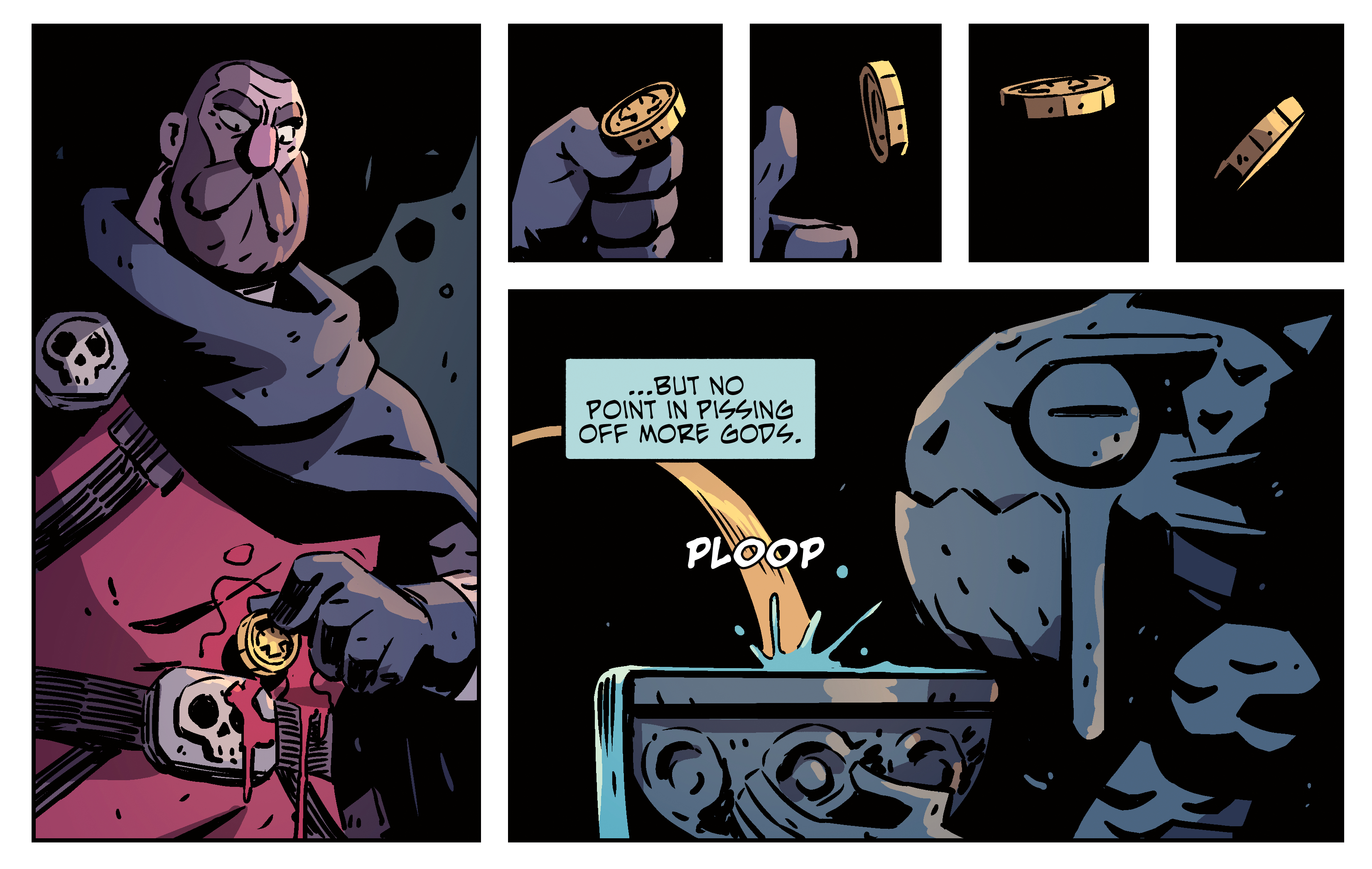Comic art; dark panels showing a man throwing a coin