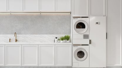 luxury kitchen with refrigerator and washing machine