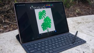 A drawing app on the Galaxy Tab S8 Plus, with S Pen on attached keyboard