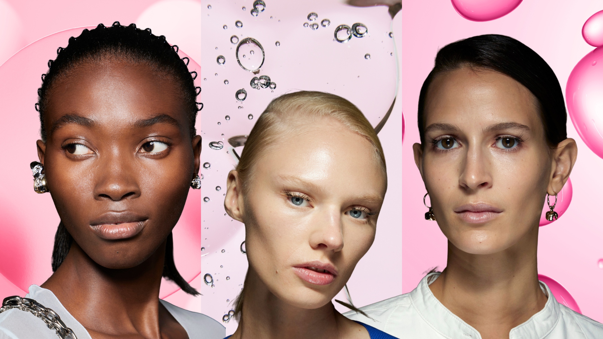 pink bubble skincare background with models with glowing skin on the front