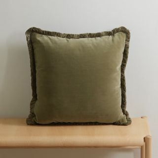 olive green square cushion with fringed edge