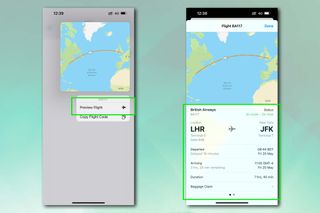 Two screenshots showing the iPhone Messages app with the flight tracking feature being used, including maps of the flight path. The screenshot is set against a green background.