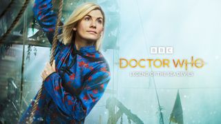 Key art for Doctor Who: Legend of the Sea Devils featuring the Thirteenth Doctor (Jodie Whittaker) swinging on a rope.