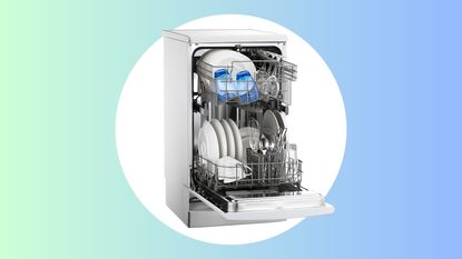 A graphic with a dishwasher on a circle with a blue gradient background