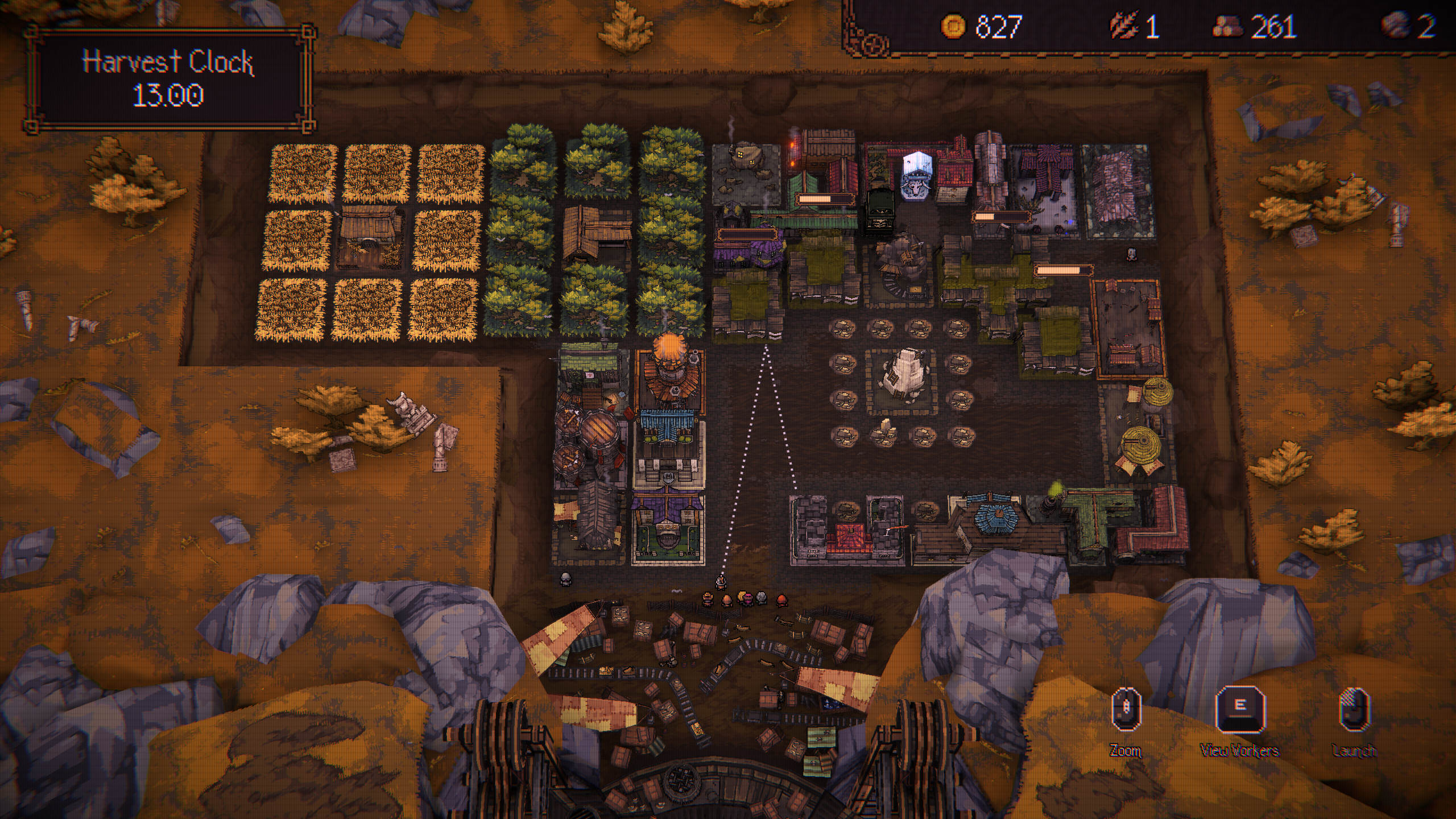 Ball x Pit: A player aiming their workers to harvest resources at their base.