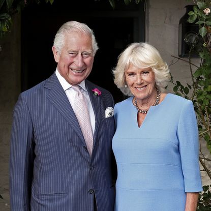 King Charles in a striped blue suit standing next to Queen Camilla, in a blue dress, and smiling 
