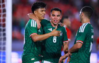 Carlos Rodriguez of Mexico celebrates with teammates an own goal of Richard Peralta of Panama during an international friendly match between Panama and Mexico at Rommel Fernandez Stadium