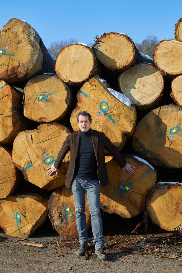 A portrait of Andrea Margaritelli standing in front of large logs.