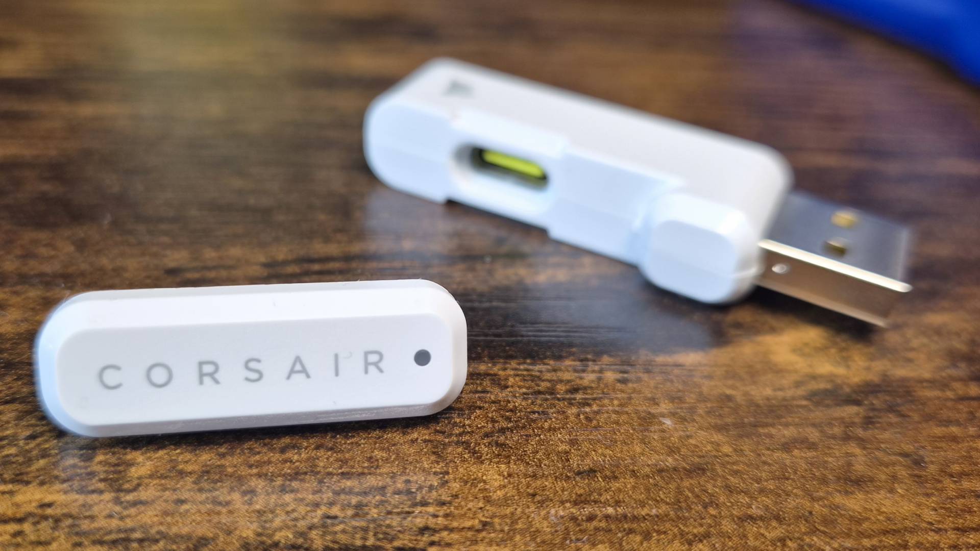 Close up of the Corsair HS35 V3 wireless dongle.