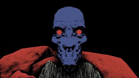 An ominous blue face with red eyes