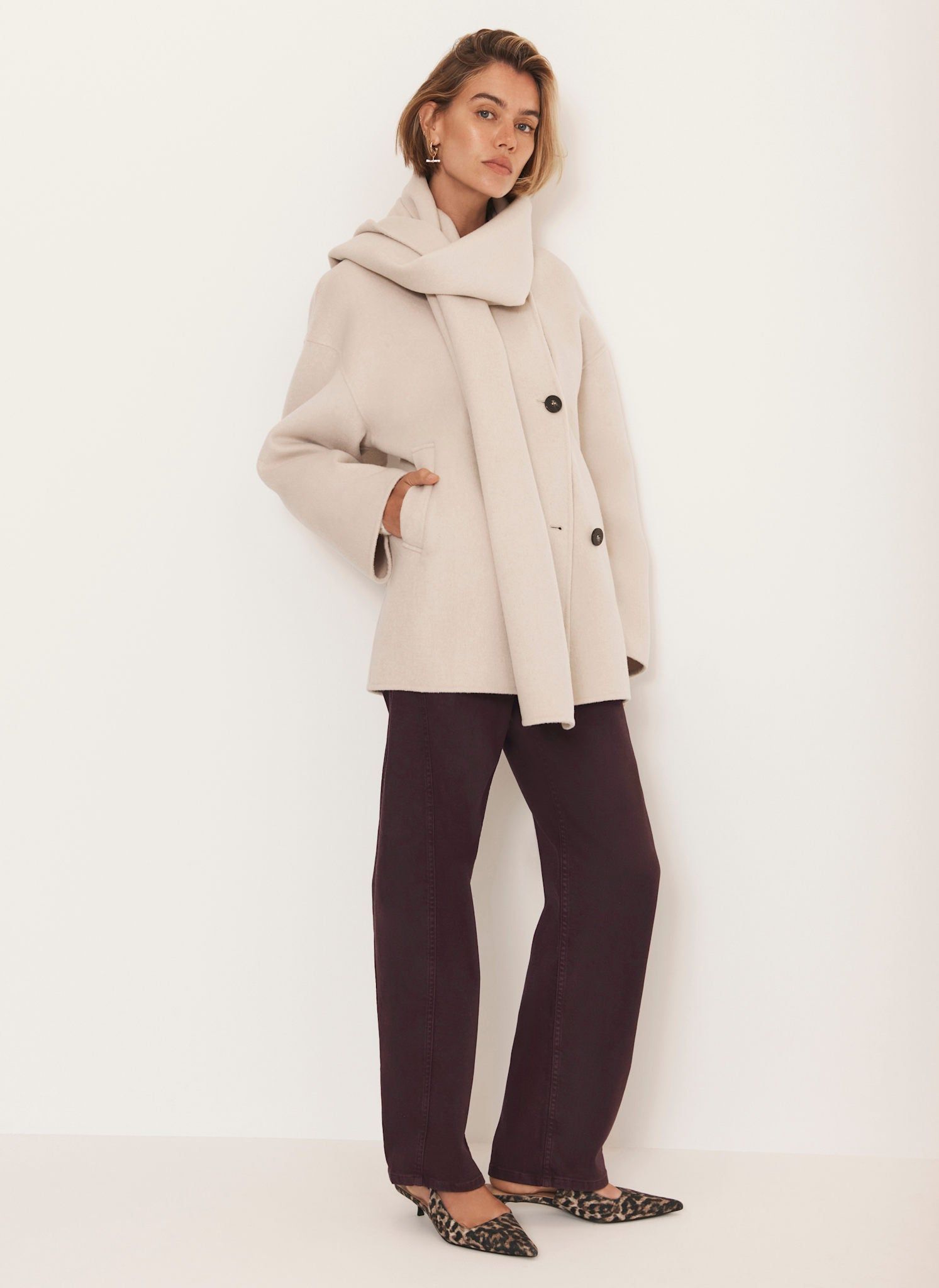 Neutral Wool Blend Hand Finished Scarf Coat