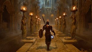 Lords of the Fallen hands-on; a knight walks down a church corridor