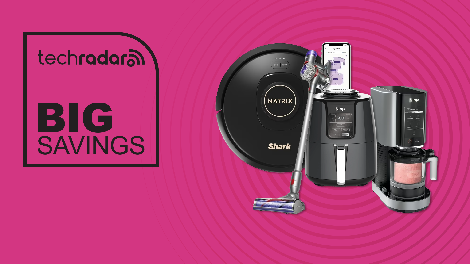 A selection of home appliances next to label reading 'big savings'