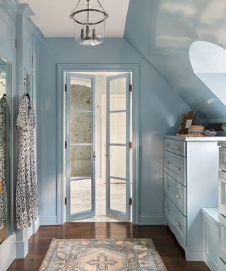 light blue closet with wooden floors and white ceiling