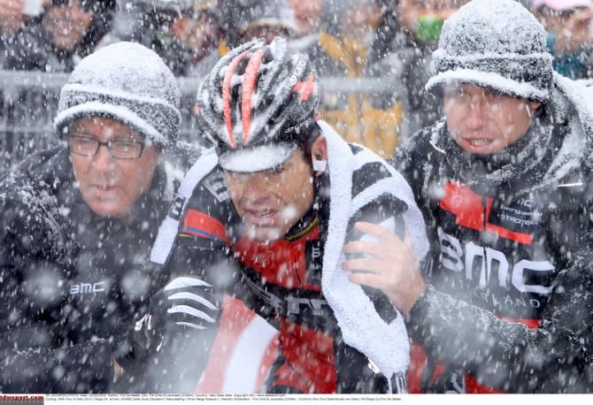 A frozen Cadel Evans (BMC) after the Giro's stage 20 finish at Tre Cime Di Lavaredo in 2013