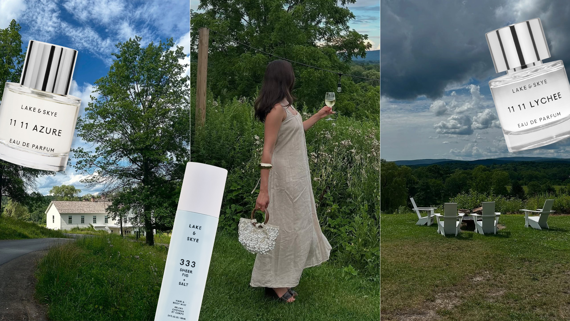 A collage of Alyssa Brascia&#039;s photos at Inness in Accord, NY with overlays of Lake &amp; Skye fragrances.