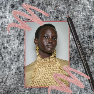 women wearing eyeliner next to anastasia beverly hills dramaline eyeliner and squiggles of pink
