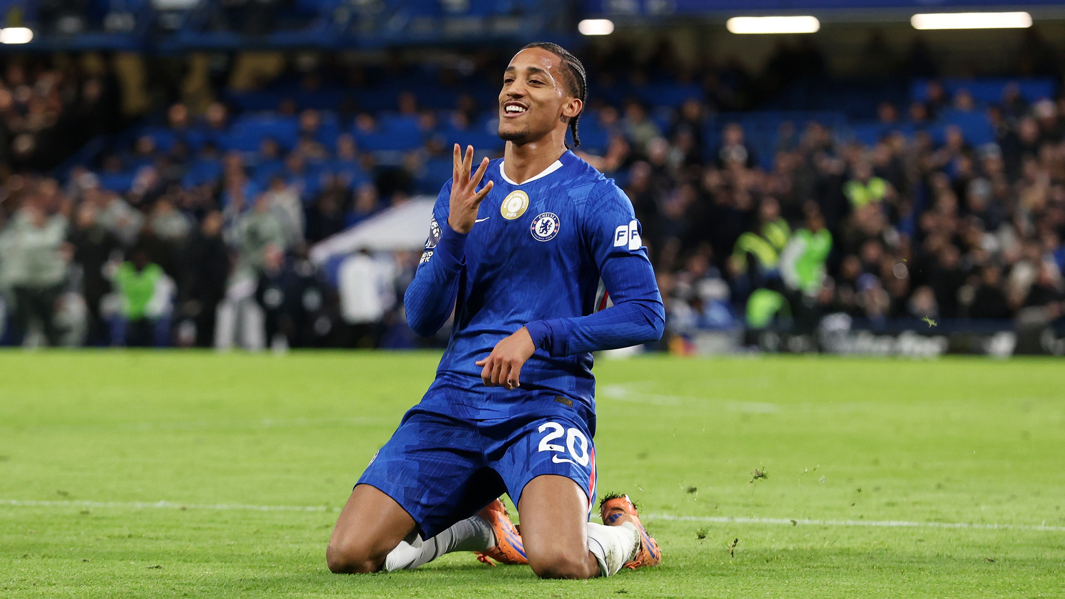 Joao Pedro of Chelsea celebrates scoring his team's first goal during the Premier League match between Chelsea and Aston Villa at Stamford Bridge on December 27, 2025 in London, England.