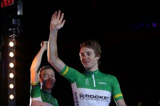 Callum Scotson and Cameron Meyer wave from the podium