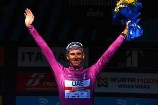 SAN BENEDETTO DEL TRONTO ITALY MARCH 13 Tadej Pogacar of Slovenia and UAE Team Emirates celebrates at podium as Purple Sprint Jersey winner during the 57th TirrenoAdriatico 2022 Stage 7 a 159km stage from San Benedetto del Tronto to San Benedetto del Tronto TirrenoAdriatico WorldTour on March 13 2022 in San Benedetto del Tronto Italy Photo by Tim de WaeleGetty Images