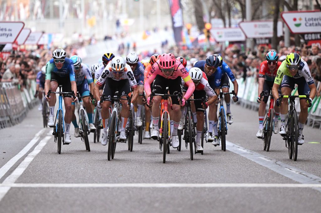 LLEIDA SPAIN MARCH 21 LR Dorian Godon of France and Team DecathlonAG2R La Mondiale Emils Liepins of Latvia and Team DSMFirmenich stage winner Marijn van den Berg of The Netherlands and Team EF EducationEasyPost Cyril Barthe of France and Team GroupamaFDJ Arne Marit of Belgium and Team IntermarcheWanty sprint at finish line during the 103rd Volta Ciclista a Catalunya 2024 Stage 4 a 1692km stage from Sort to Lleida UCIWT on March 21 2024 in Lleida Spain Photo by David RamosGetty Images