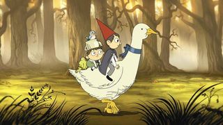 two boys a frog and blue bird ride on the back of a giant goose in the forest in over the garden wall