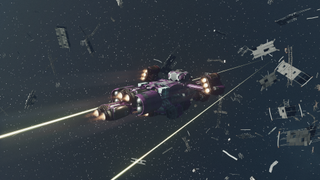 A purple Starfield spaceship flies through a debris field while evading enemy fire.