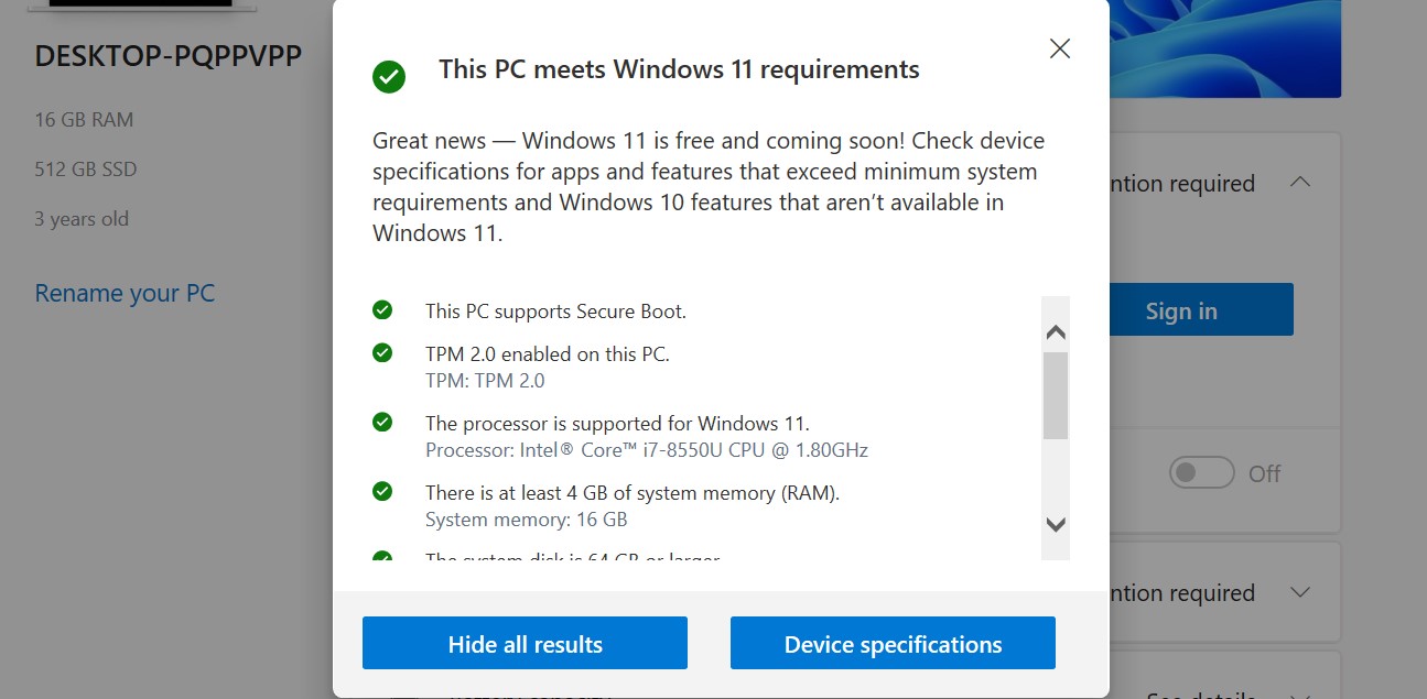 A screenshot showing the Windows 11 PC Health Check compatibility score