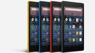 Amazon Fire HD8 in its 4 colour options: summery yellow, blue for boys, exciting red and classic black