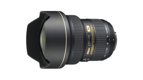 Image of Nikon AF-S 14-24mm f/2.8 ED lens on its side against a white background.