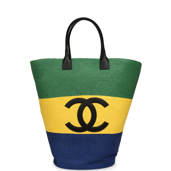 Chanel Maxi Coco Beach Large Shopping Bag Green, Yellow, Blue Raffia and Black Calfskin