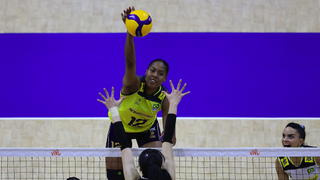 Ana Cristina of Brazil jumps to spike the ball ahead of the Brazil vs USA Women's Volleyball Semi Final at the Paris Olympics