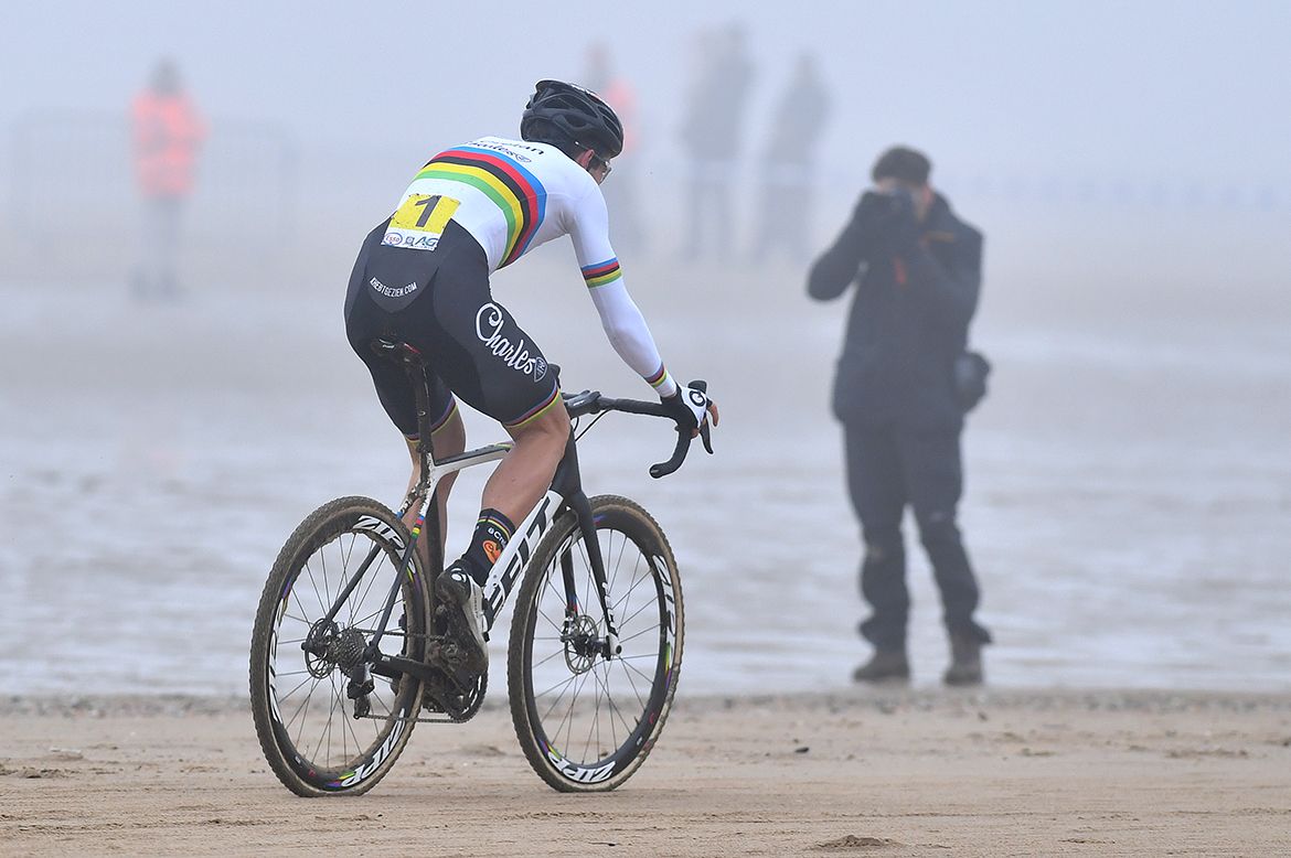 Van Aert makes his way along the coastal course