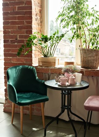 picture of green chair with plants, pink tea cups and a glass table in loft flat