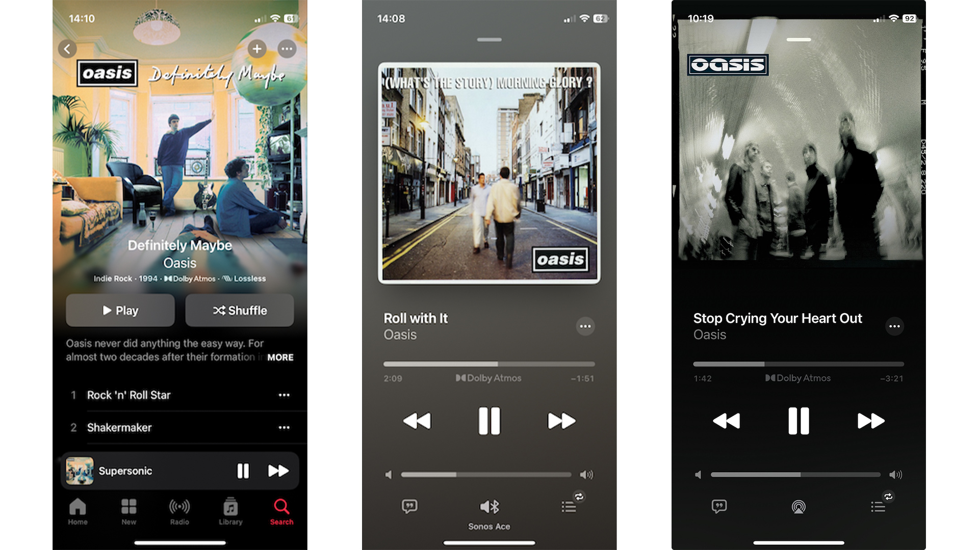 A composite of screengrabs of Oasis tracks playing on Spatial Audio on the Apple Music mobile app.