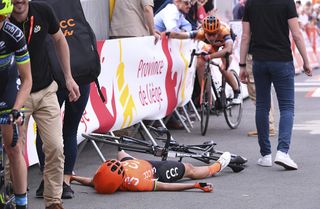 Marianne Vos (CCC_Liv) collapses at the finish line of Fleche Wallonne