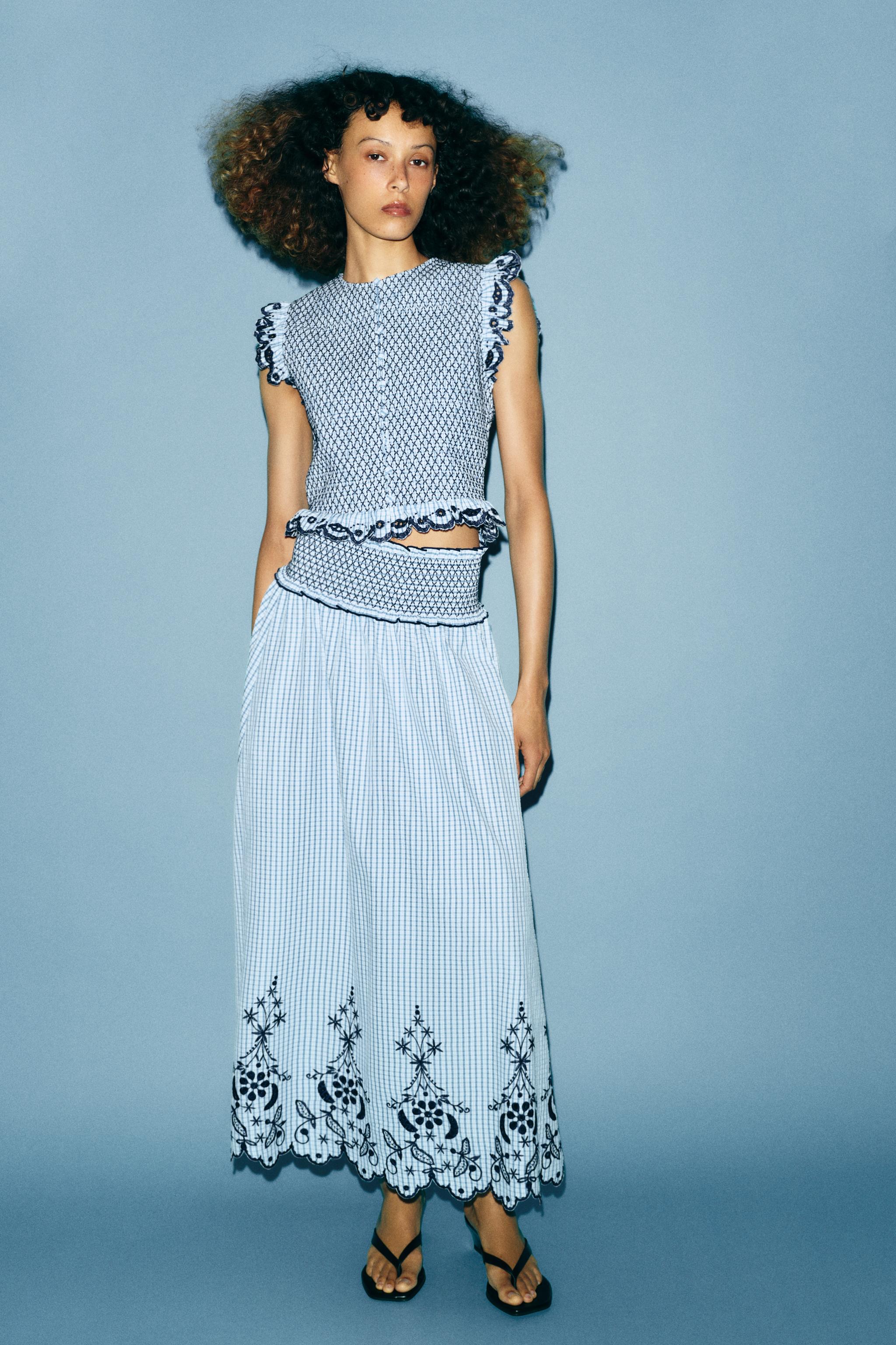 Embroidered Plaid Midi Skirt