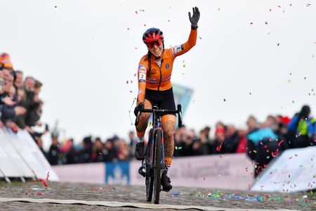 COL DU VAM DRENTHE NETHERLANDS NOVEMBER 07 Shirin Van Anrooij of Netherlands celebrates winning during the 19th UEC European Cyclocross Championships 2021 Womens U23 EuroCross21 UECcycling on November 07 2021 in Col du Vam Drenthe Netherlands Photo by Luc ClaessenGetty Images