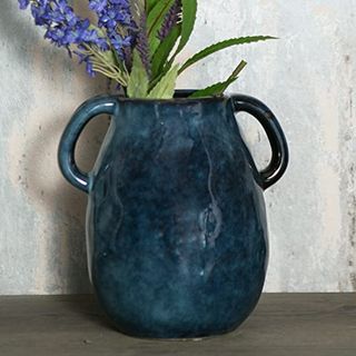 Tanvecle Blue Ceramic Vase With 2 Handles, Modern Farmhouse Vase for Home Decor, Rustic Terracotta Vase, Decorative Pottery Flower Vase, Clay Small Vase, Centerpieces for Dining Table - 7 Inch Tall