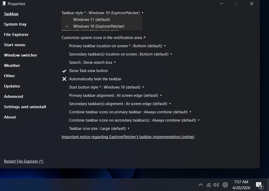 The ExplorerPatcher app running on a Windows 11 PC with Taskbar settings open.