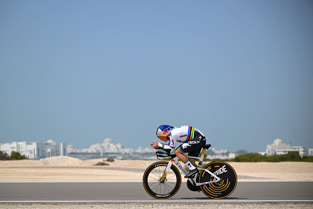 ABU DHABI, UNITED ARAB EMIRATES - FEBRUARY 17: Remco Evenepoel of Belgium and Team Red Bull - BORA - hansgrohe competes during the 8th UAE Tour 2026, Stage 2 a 12.2km individual time trial stage from Hudayriyat Island to Hudayriyat Island / #UCIWT / on February 17, 2026 in Abu Dhabi, United Arab Emirates. (Photo by Tim de Waele/Getty Images)